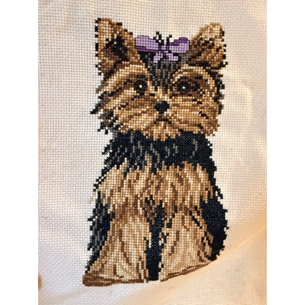 Vintage Complete Counted Cross Stitch Yorkshire Terrier Bow Dog Puppy Yorkie
